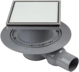 MD Technic – Confluo Bodenablauf 15x15 cm – wählbare Abdeckungen u. Ablaufgarnitur (Horizontal/Waagerecht DN 50, White/Weißes Glas)