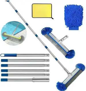 Pool Bürsten Set, Poolbürsten reinigungsbürste mit Teleskopstange 230 cm, Poolreiniger Bürste 45 cm, Pool Reinigungsbürste, Pool Bürsten Set für Pool Reinigung mit Reinigungstuch und Waschhandschuh.
