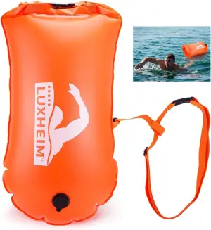 2in1 Schwimmboje Trockensack mit Doppelairbag, 28L Aufblasbare Schleppschwimmer Boje für Erwachsene Freiwasser Open Water, Gut Sichtbar bis 900 Meter für Schwimmen, Triathlon, SUP, Schnorcheln