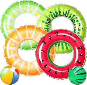 75CM Obst Aufblasbare Schwimmreifen für Pool,4pcs Schwimmring mit 2pcs Wasserball,PVC Schwimmreifen für Kinder Erwachsene Strand Schwimmbad Sommer Party Wassermelone/Kiwi/Orange/Zitro