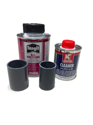 Tangit PVC Set All Pressure Kleber 250 ml & Aktivator 125 ml Pinsel- Spezialkleber für Verbindung und Montage von Hart PVC-U Rohren/Poolbau-Teichbau-Dachrinnemontagen inkl. Teil zur Probeklebung