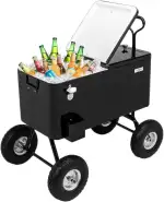 Bonnlo 76L Servierwagen mit Rollen, Getränkekühler – Mobiler Kühlwagen mit Flaschenöffner, Ablauf & Geländerädern, Kühlbox, Ideal für Garten, Terrasse, Camping & Strand, 77 x 38 x 90cm, Schwarz