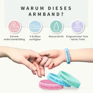 Gutmarkiert – Personalisierbares SOS-Armband für Kinder aus Silikon, graviert mit Name & Telefonnummer – wasserdichtes Notfallarmband für Kinder, besonders langlebig – Farbe wählbar