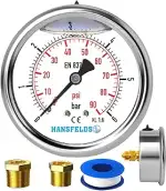 Manometer 0–6 bar/psi, 63 mm Zifferblatt, Messing G1/4" BSP Hinteranschluss, flüssigkeitsgefüllt ...