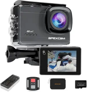 Apexcam M90 mit 128G Karte Action Cam 4K60FPS 64MP WLAN EIS Bildstabilisierung Sportkamera mit Touchscreeen Unterwasserkamera 40m Wasserdicht 8X Zoom 2.4G Fernbedienung 2x1350mAh Akkus mit Zubehör-Set