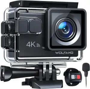 WOLFANG GA100 Action Cam 4K 20MP Unterwasserkamera WiFi 40M wasserdichte EIS Bildstabilisator Helmkamera 170°Weitwinkel Camcorder (Externem Mikrofon, 2.4G Fernbedienung, 2 Akkus und Zubehör Kit)