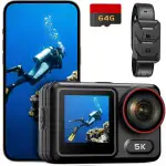 syndesmos Wasserdicht Action Cam 5K 30FPS, Dual-Touchscreen, 64MP Ultra HD-Unterwasserkamera, EIS Anti-Shake Outdoor Vlog Kamera, IMX386 12MP Sensor, 1350 mAh, 64 GB Karte, Fernbedienung und Kit