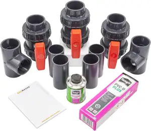 Pool Bypass Set 50mm I 12-teilig mit 3 Kugelhähnen, 2 T-Stücken, 4 Rohren, PVC Kleber und Reiniger I Für Wärmepumpe Solarabsorber Schwimmbadheizung Heimwerker I bm150