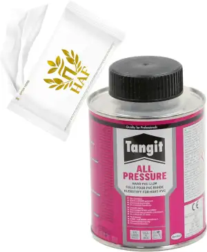 HAF Tangit PVC-U Kleber All Pressure Spezialkleber in 250g Dose | Spezialkleber geeignet für Verbindung und Montage von harten PVC-U Rohren | Inkl. HAF Feuchttuch