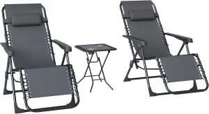Outsunny Sonnenliege 2er Set klappbar Zero Gravity Liegestuhl mit abnehmbaren Kopfstützen Beistelltisch inklusive 2 Getränkehalter, Extra Breit Gartenliege Relaxliege für Garten Terrasse Pool Grau