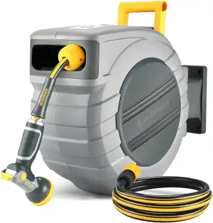 GLAHODEN Schlauchtrommel mit Gartenschlauch 40 m + 2 m, Sonnen- und frostbeständig, 180° Schwenkbar Wand Schlauchbox mit 9-Funktions-Sprühdüse