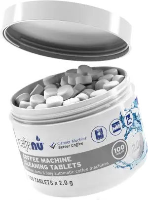 Caffenu Kaffeemaschinen Reinigungstabs | 100 x 2,0 g Tabletten | Reinigungstabletten für Kaffeevollautomaten | Kaffeereiniger für Filter- und Espressomaschinen | Kann mit Entkalker verwendet werden