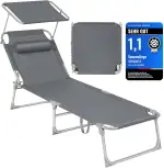 SONGMICS Sonnenliege, klappbarer Liegestuhl, 193 x 53 x 29 cm, trägt bis zu 150 kg, Sonnenschutz, Kopfkissen, verstellbare Rückenlehne, für Garten, Pool, Terrasse, dunkelgrau GCB19UV1