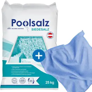 Salinen Poolsalz 25 kg 92936, Hochreines Siedesalz für Salzwasserpool und Salzelektrolyseanlage, schnell löslich und rückstandsfrei, inklusive kör4u Mikrofasertuch
