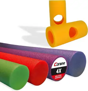 Conipa® - 4 Stück Schwimmnudel (160 x 7 cm) für Kinder & Erwachsene INKL. Loch-VERBINDER (Schaumstoff) - Poolnudel Set ab 3-10 Jahre (Made IN Europe) - Pool Wassernudel & Spielzeug