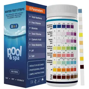 8-in-1 Pool-Teststreifen – Salzgehalt im Pool messen | SPA & Whirlpool Teststreifen | Schneller Pool-Wassertester für pH-Wert, Salz, Chlor, Cyanursäure, Brom, Härte & Alkalinität 100 Stück