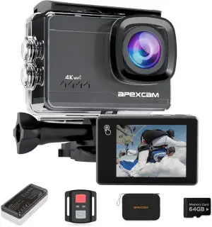Apexcam M90 mit 64G Karte Action Cam 4K60FPS 64MP WLAN EIS Bildstabilisierung Sportkamera mit Touchscreeen Unterwasserkamera 40m Wasserdicht 8X Zoom 2.4G Fernbedienung 2x1350mAh Akkus mit Zubehör-Set