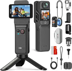SJCAM C400 Vlogging Camera 4K Videokamera,64GB,7 Stunden Akku und 6 Achsen Bildstabilisierung,Vlog Kamera mit Dual Touchscreen,Actionkamera 30M wasserdichte,Schwarz