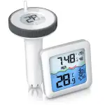 CSL - Poolthermometer Funk digital – Basisstation mit Schwimmer – Wassertemperatur Innentemperatur Luftfeuchtigkeit - DCF Uhrzeit – Pool Thermometer schwimmend mit bis 60 m Reichweite