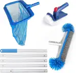 LALAGO Pool Reinigungsset, 4 Stück Pool Zubehör Reinigung Set, comprend 17″Poolbürste & Drehbare Handscheuerbürsten & 175cm Aluminium Griff & Pool Kescher, Professionelles Pool Reinigungsset