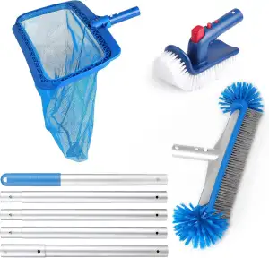 LALAGO Pool Reinigungsset, 4 Stück Pool Zubehör Reinigung Set, comprend 17″Poolbürste & Drehbare Handscheuerbürsten & 175cm Aluminium Griff & Pool Kescher, Professionelles Pool Reinigungsset