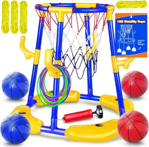 Pool Basketballkorb Set_Schwimmender Basketballkorb für Pool mit 4 Wasserbällen,