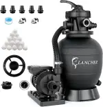 LANCHEZ Sandfilteranlage 11.500 L/h, 7-Wege-Ventil, 24h Zeitschaltuhr, 200g Filterbälle, Sandfilterkessel für Pool, Tankvolumen Maximal 10 kg Sand, 2in1 Adapter Ø32mm-38mm
