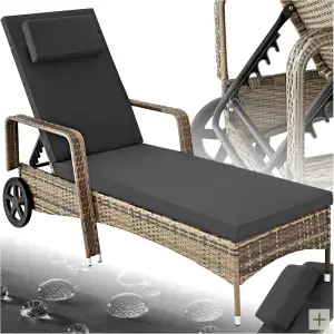 tectake Poly Rattan Gartenliege mit Rollen, 6-Fach höhenverstellbarer Liegestuhl