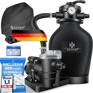 KESSER® Sandfilteranlage für Pool bis zu 60.000L, 10.200 L/h, 400W Pumpe, 20L Tank, 7-Wege-Ventil mit Druckanzeige mit 800g Filterbälle, Poolfilter 10 m³/h mit Adapter Ø32–38mm & Wettercover, Schwarz
