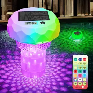 Dosierschwimmer Pool mit Solar Lichter, Thermometer, Solar Poolbeleuchtung mit Fernbedienung, 8 Farbmodi, Timer, Wasserdichte, Pool Chlortabletten Dosierer Schwimmer für Whirlpool, Spa, Teich Deko