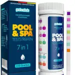 poolomio® Pool Teststreifen 7in1, 150 Stück | Pooltester für Schwimmbad, Whirlpool, Spa & Teich | Wassertester für pH-Wert, Wasserhärte, freies & gesamtes Chlor, Brom, Alkalität, Cyanursäure | Testkit