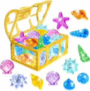 EKKONG Tauchen Edelsteine, Piratenschatz Tauchjuwelen, 36 Stück Ozean Bunte Tauchspielzeug mit 1 Schatzkiste, Pool Diamanten, Unterwasser Edelstein für Sommer-Wasser- und Strandspiele (Gold)