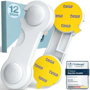 MUTKIND® 12 Stück Kindersicherung Schrank (Mit Kleber von TESA) - Extra Starker Halt - Schranksicherung Baby - Schubladensicherung für Schränke, Kühlschrank, Türen - Kindersicherung Schubladen Weiß