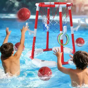 Pool Basketballkorb für Kinder 4-8 & 8-12 Jahre – 2-in-1 Schwimmendes & Oberirdisches Wasserspiel mit 4 Bällen, 12 Ringen & Pumpe, Outdoor-Spielzeug für Schwimmbad, Sommerpartys für Erwachsene (Rot)