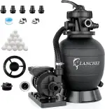 LANCHEZ Sandfilteranlage 9.000 L/h, 7-Wege-Ventil, 200g Filterbälle, Sandfilterkessel für Pool, Tankvolumen Maximal 10 kg Sand, 2in1 Adapter Ø32mm-38mm