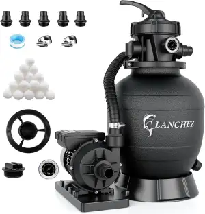LANCHEZ Sandfilteranlage 9.000 L/h, 7-Wege-Ventil, 200g Filterbälle, Sandfilterk