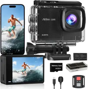 Action Cam 4K60FPS mit 64GB Karte,HD 48MP 40M Wasserdicht Unterwasserkamera 8X Z