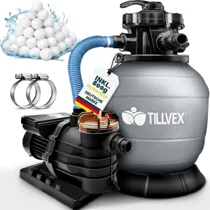 tillvex Sandfilteranlage Pool 10 m³/h inkl. 800g Filterbälle | Filteranlage 7-Wege Ventil & 2in1 Adapter Ø32mm - 38mm | Poolfilter mit Druckanzeige | Sandfilter für Schwimmbecken (Grau)