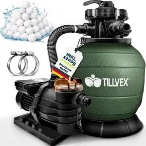 tillvex® Sandfilteranlage Pool 13.200L/h bis 40.000L + 1200g Filterbälle | Filte